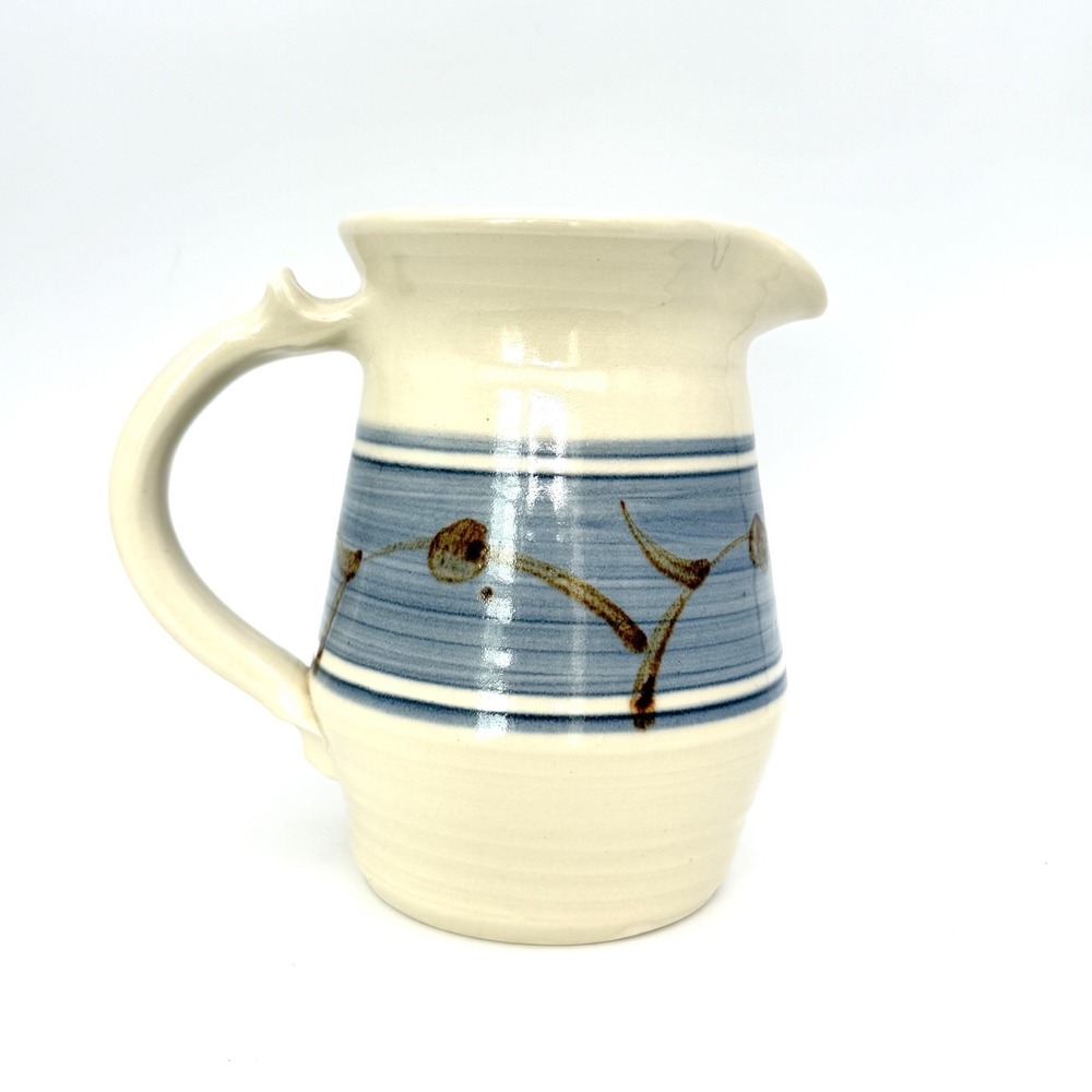Studio Pottery Hand Thrown Pitcher Blue Band Vine Berry Motif Signed 6.75"
